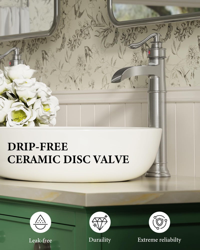 Homevacious Vessel Sink Faucet Tall Bathroom Faucets Waterfall Brushed Nickel Brass Single Handle 1 Hole with Pop Up Drain and Supply Line Farmhouse Lavatory Vanity - Image 5